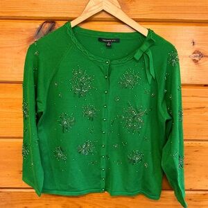 Trousers ETC Green Beaded Silk Blend Decorative Buttons Long Sleeve Cardigan M